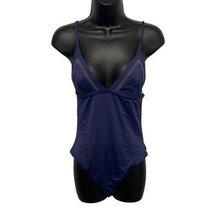 Rhythm Indigo Blue Crochet Trim V-Neck One Piece Swimsuit Low Back Adjustable